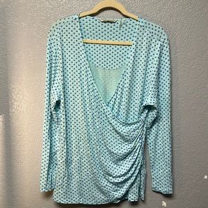 Soft Surroundings Long Sleeve V-Neck Faux Wrap Blue Polka Dot Knit Top Size XL